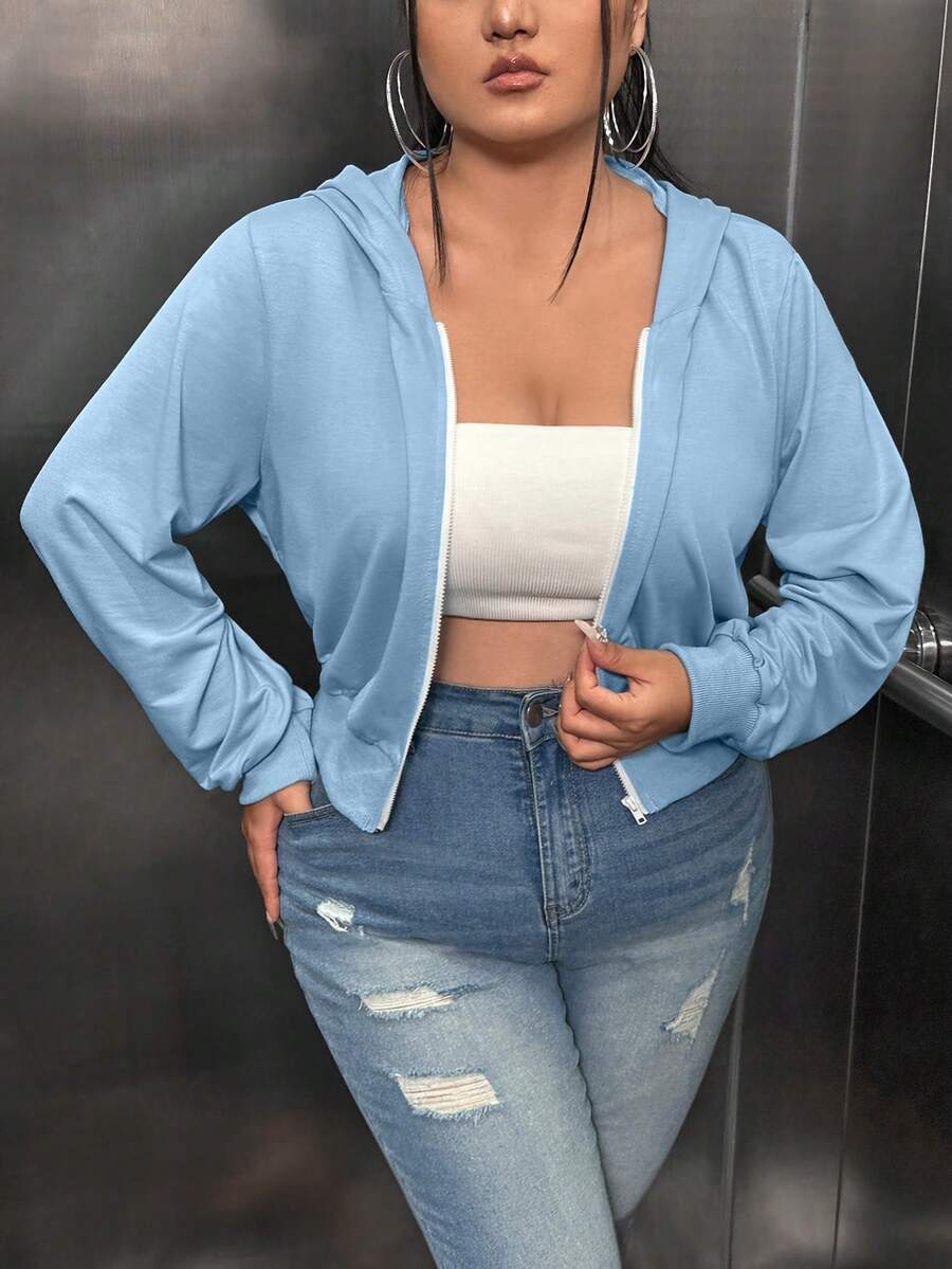 SHEIN SXY Hơn Dây kéo áo có mũ Áo len crop - Màu xanh nhạt - Xem 1