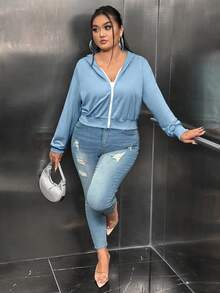 SHEIN SXY Hơn Dây kéo áo có mũ Áo len crop - Màu xanh nhạt - Xem 4