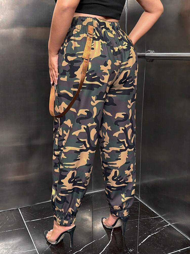 Plus Camo Print Buckle Detail Flap Pocket Pants