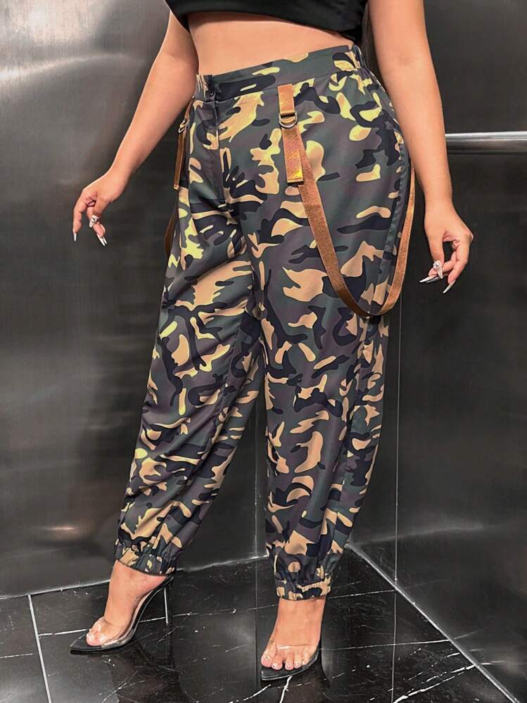 SHEIN SXY 休閒口袋 拉鍊隨機印花 迷彩圖案加大褲子 - 軍綠色 - 查看 4