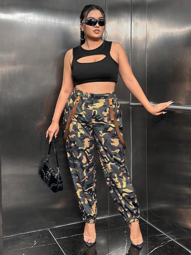 Plus Camo Print Buckle Detail Flap Pocket Pants