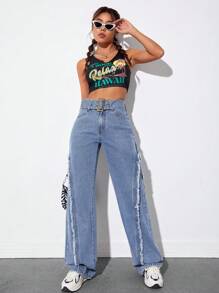SHEIN EZwear High Waist Raw Trim Belted Wide Leg Jeans - Light Wash - View 1