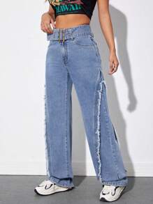 SHEIN EZwear High Waist Raw Trim Belted Wide Leg Jeans - Light Wash - View 5