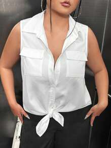 SHEIN SXY Plus Flap Pocket Knot Hem Sleeveless Shirt - White - View 1