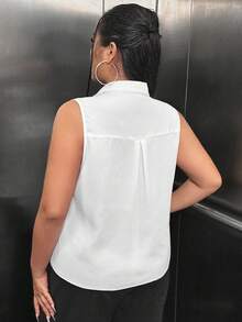 SHEIN SXY Plus Flap Pocket Knot Hem Sleeveless Shirt - White - View 2