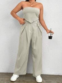 SHEIN EZwear Plus Hanky Hem Tube Top & Wide Leg Pants - Khaki - View 1