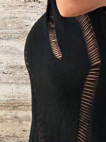 Zolique Solid Pointelle Knit Jumper Dress Without Lingerie Set - Black - View 3