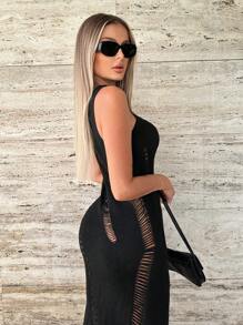 Zolique Solid Pointelle Knit Jumper Dress Without Lingerie Set - Black - View 4