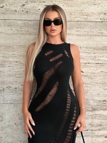 Zolique Solid Pointelle Knit Jumper Dress Without Lingerie Set - Black - View 5