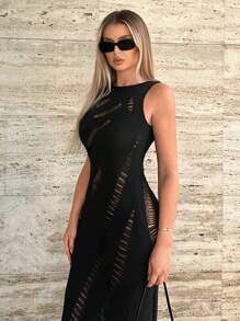 Zolique Solid Pointelle Knit Jumper Dress Without Lingerie Set - Black - View 6