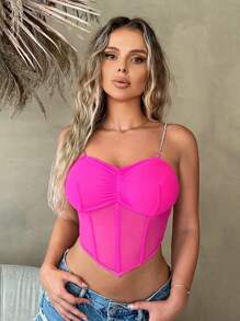 SHEIN SXY 褶邊緊身上衣頭巾下擺網紗吊帶上衣 - 玫紅色 - 查看 1