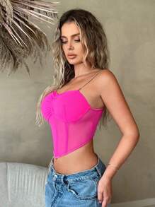 SHEIN SXY 褶邊緊身上衣頭巾下擺網紗吊帶上衣 - 玫紅色 - 查看 4