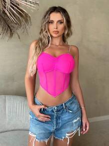 SHEIN SXY 褶邊緊身上衣頭巾下擺網紗吊帶上衣 - 玫紅色 - 查看 5