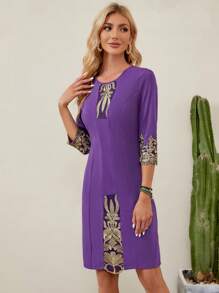 EMERY ROSE 圖案印花直筒洋裝 - 紫色 - 查看 1