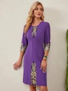 EMERY ROSE 圖案印花直筒洋裝 - 紫色 - 查看 3