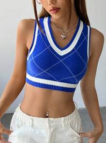 SHEIN EZwear Argyle Pattern Contrast Trim Crop Sweater Vest - Blue - View 6