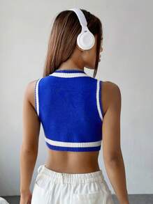 SHEIN EZwear Argyle Pattern Contrast Trim Crop Sweater Vest - Blue - View 2