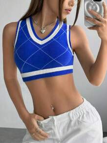 SHEIN EZwear Argyle Pattern Contrast Trim Crop Sweater Vest - Blue - View 1