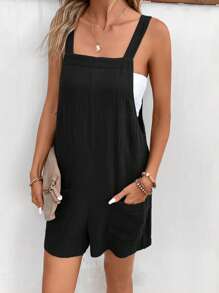 SHEIN Frenchy Solid Pocket Patched Overall Romper Without Tube Top - Black - View 1