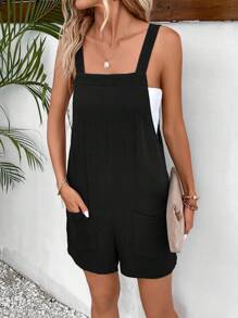 SHEIN Frenchy Solid Pocket Patched Overall Romper Without Tube Top - Black - View 3