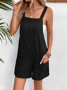 SHEIN Frenchy Solid Pocket Patched Overall Romper Without Tube Top - Black - View 6