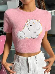 SHEIN EZwear Cartoon Embroidery Crop Knit Top - Baby Pink - View 1