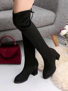 Women's Fashionable Boots With Simple Buckle & Chunky Heels - Black - View 1