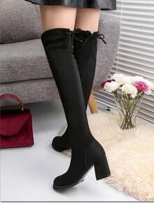Women's Fashionable Boots With Simple Buckle & Chunky Heels - Black - View 2