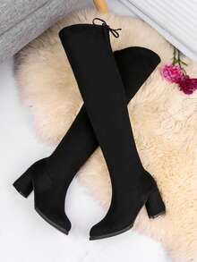 Women's Fashionable Boots With Simple Buckle & Chunky Heels - Black - View 5