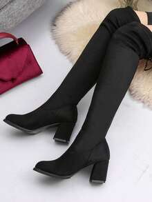 Women's Fashionable Boots With Simple Buckle & Chunky Heels - Black - View 6