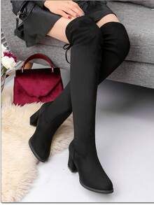 Women's Fashionable Boots With Simple Buckle & Chunky Heels - Black - View 7