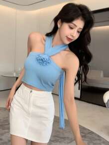 DAZY 素色立體花卉細節繞頸短上衣 - 藍色 - 查看 9