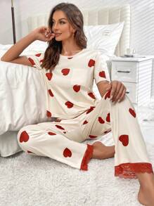 Heart Print Contrast Lace PJ Set / Pajama Set - Multicolor - View 3