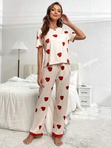Heart Print Contrast Lace PJ Set / Pajama Set - Multicolor - View 4