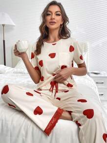 Heart Print Contrast Lace PJ Set / Pajama Set - Multicolor - View 1