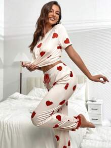 Heart Print Contrast Lace PJ Set / Pajama Set - Multicolor - View 5