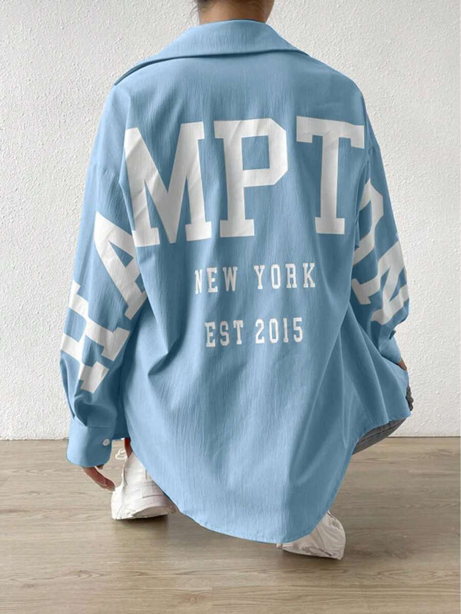 SHEIN Unity 字母圖案落肩袖襯衫 - 淺藍色 - 查看 1