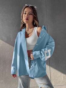 SHEIN Unity 字母圖案落肩袖襯衫 - 淺藍色 - 查看 4