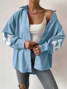 SHEIN Unity 字母圖案落肩袖襯衫 - 淺藍色 - 查看 5