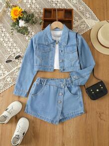 SHEIN Explorewe 女大童翻蓋口袋牛仔襯衫&裙裤 - 淺色水洗藍 - 查看 1