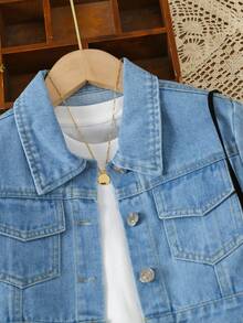 SHEIN Explorewe 女大童翻蓋口袋牛仔襯衫&裙裤 - 淺色水洗藍 - 查看 3