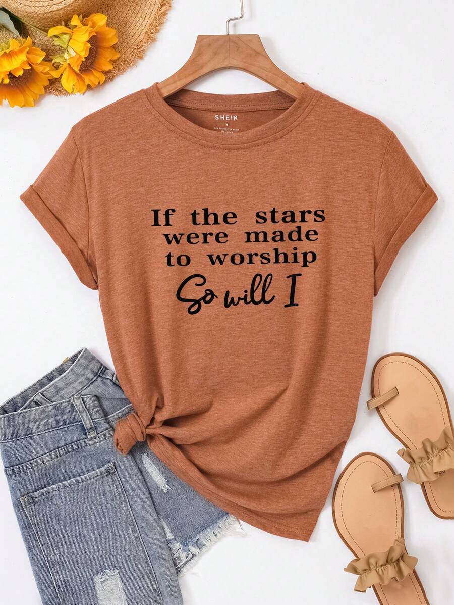 INAWLY 标语图案 T 恤 如果星星是为了崇拜而生，那么我也会 - 亮橙色 - 查看 1