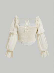 SHEIN MOD Hơn Viền Ruffle tay áo lá sen Bandana Hem Áo sơ mi Crop - Màu be - Xem 2