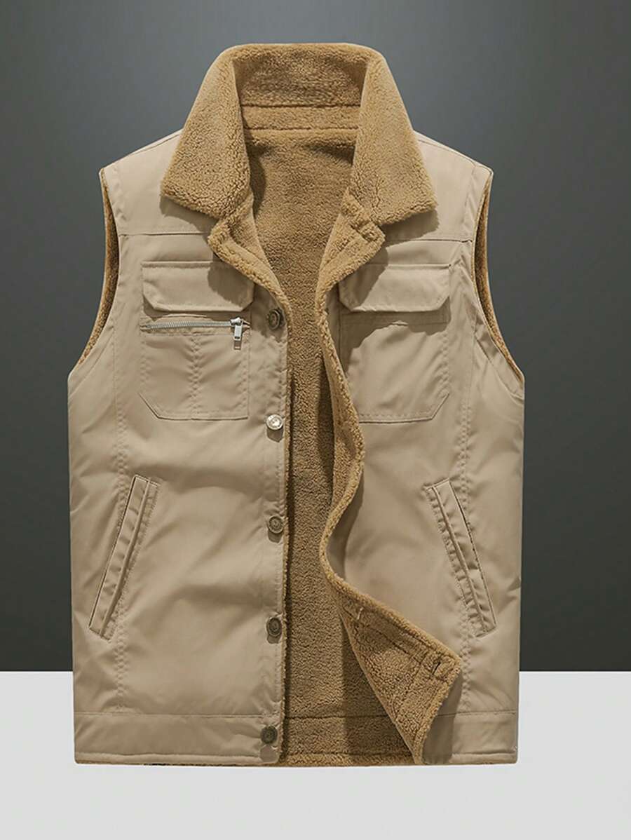 Chaleco acolchado con bolsillo con solapa para hombres, abrigador - Caqui - Ver 1