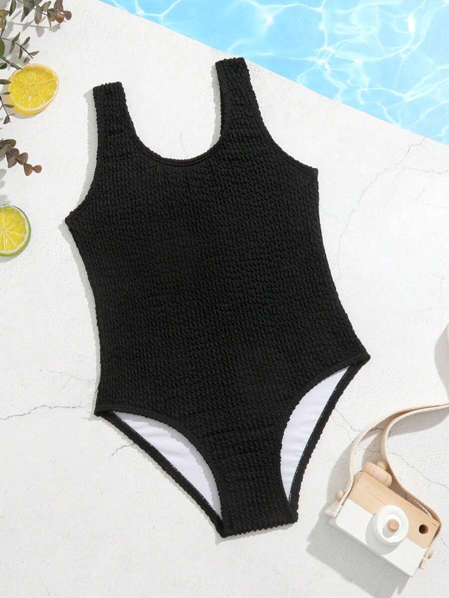 女小童素色打褶連體泳衣 - 黑色 - 查看 1