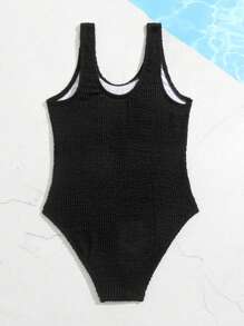 女小童素色打褶連體泳衣 - 黑色 - 查看 2