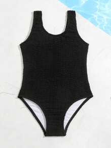 女小童素色打褶連體泳衣 - 黑色 - 查看 5