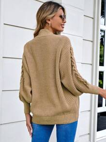 EURMUSE Cable Knit Drop Shoulder Cardigan - Brown - View 2