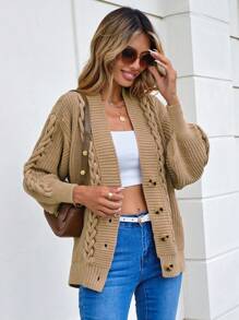 EURMUSE Cable Knit Drop Shoulder Cardigan - Brown - View 5