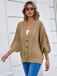 EURMUSE Cable Knit Drop Shoulder Cardigan - Brown - View 6
